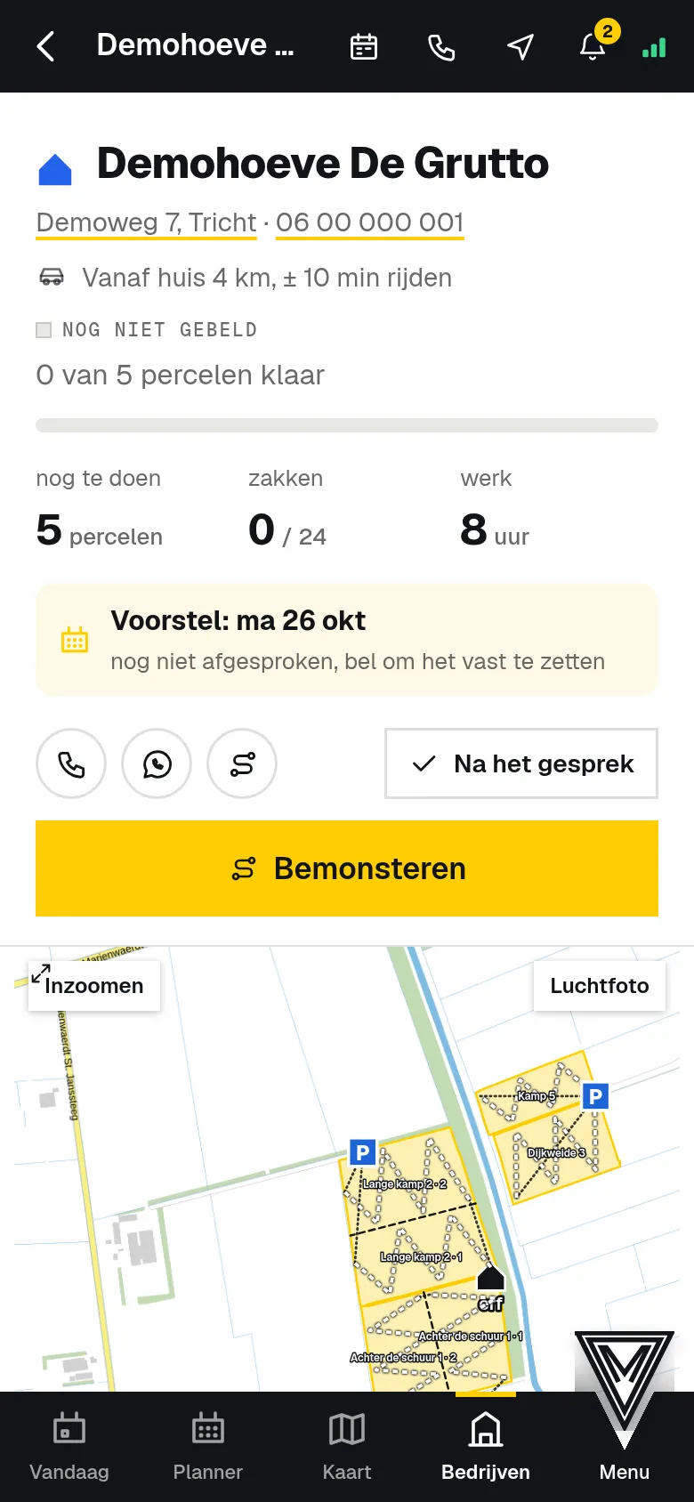 Een bedrijf met zijn percelen, op routevolgorde.