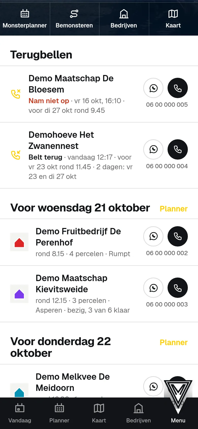 De bellijst op volgorde van de planner.