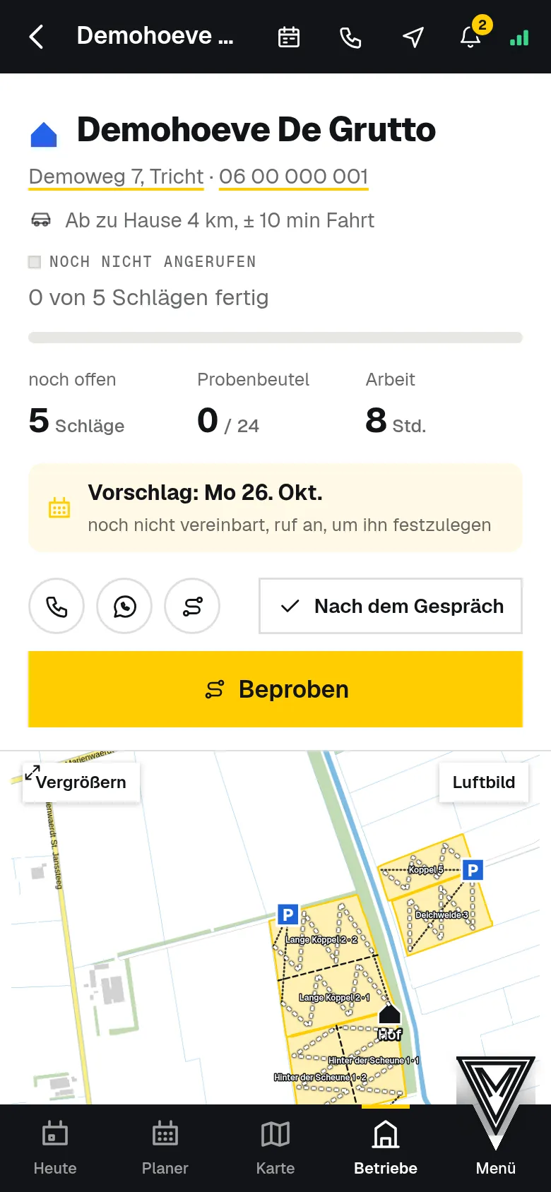 Ein Betrieb mit seinen Schlägen, in Routenreihenfolge.