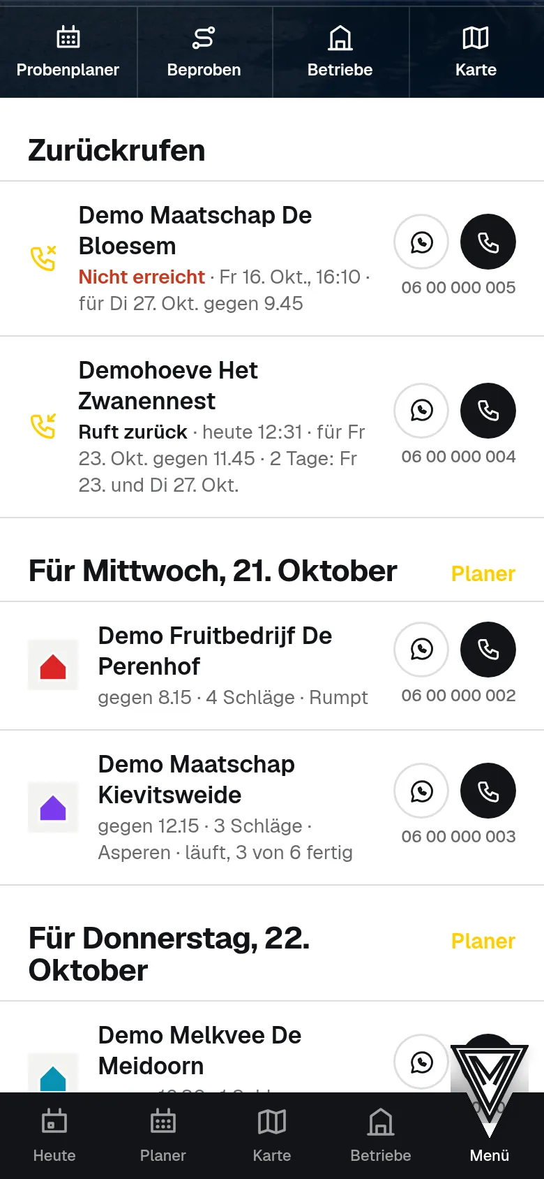 Die Anrufliste in der Reihenfolge des Planers.