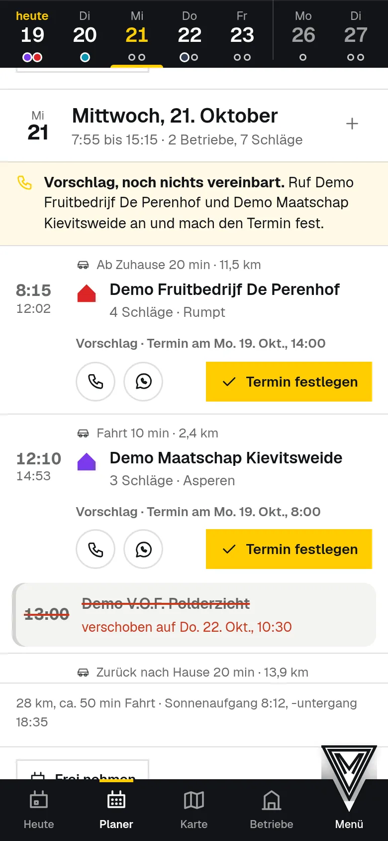 Ein Arbeitstag aus dem Planer, mit Fahrzeiten und Wetter.