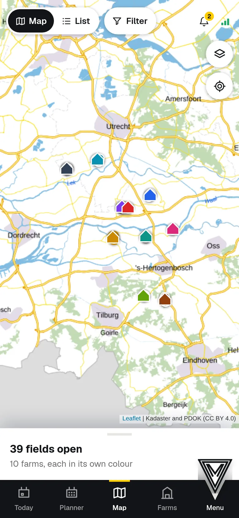 All fields and farms on the map.