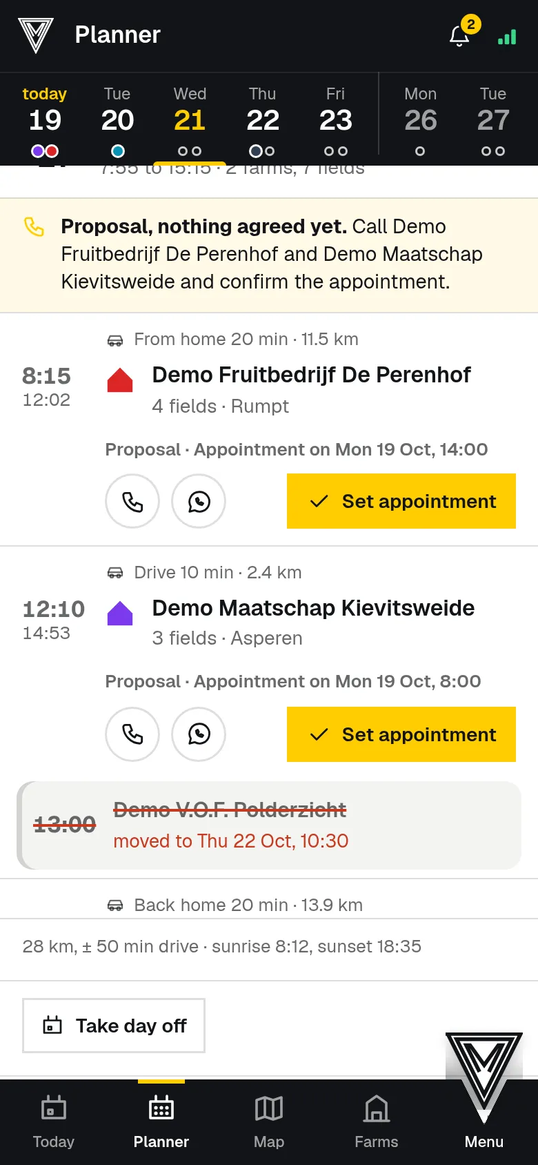 A working day from the planner, with driving times and weather.