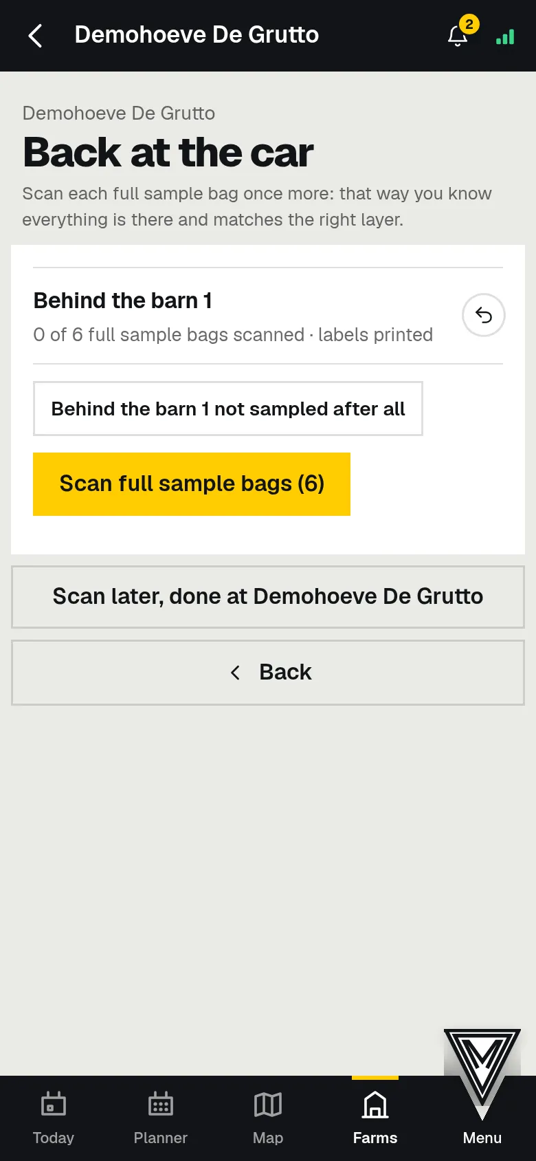 At the car: scan the full sample bags once more.