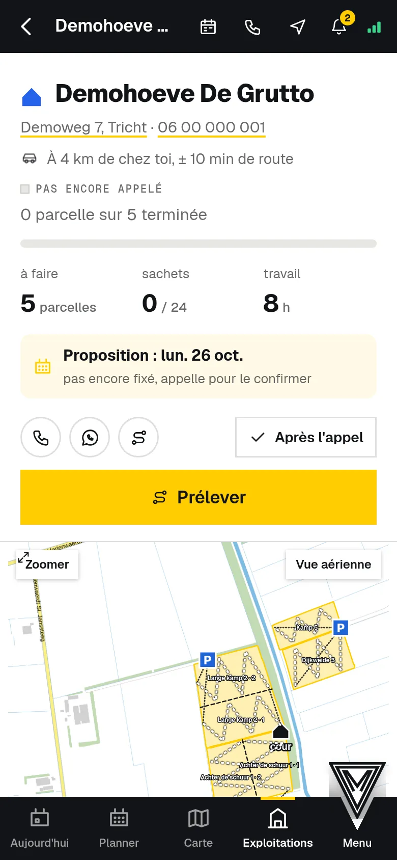 Une exploitation avec ses parcelles, dans l'ordre de la tournée.
