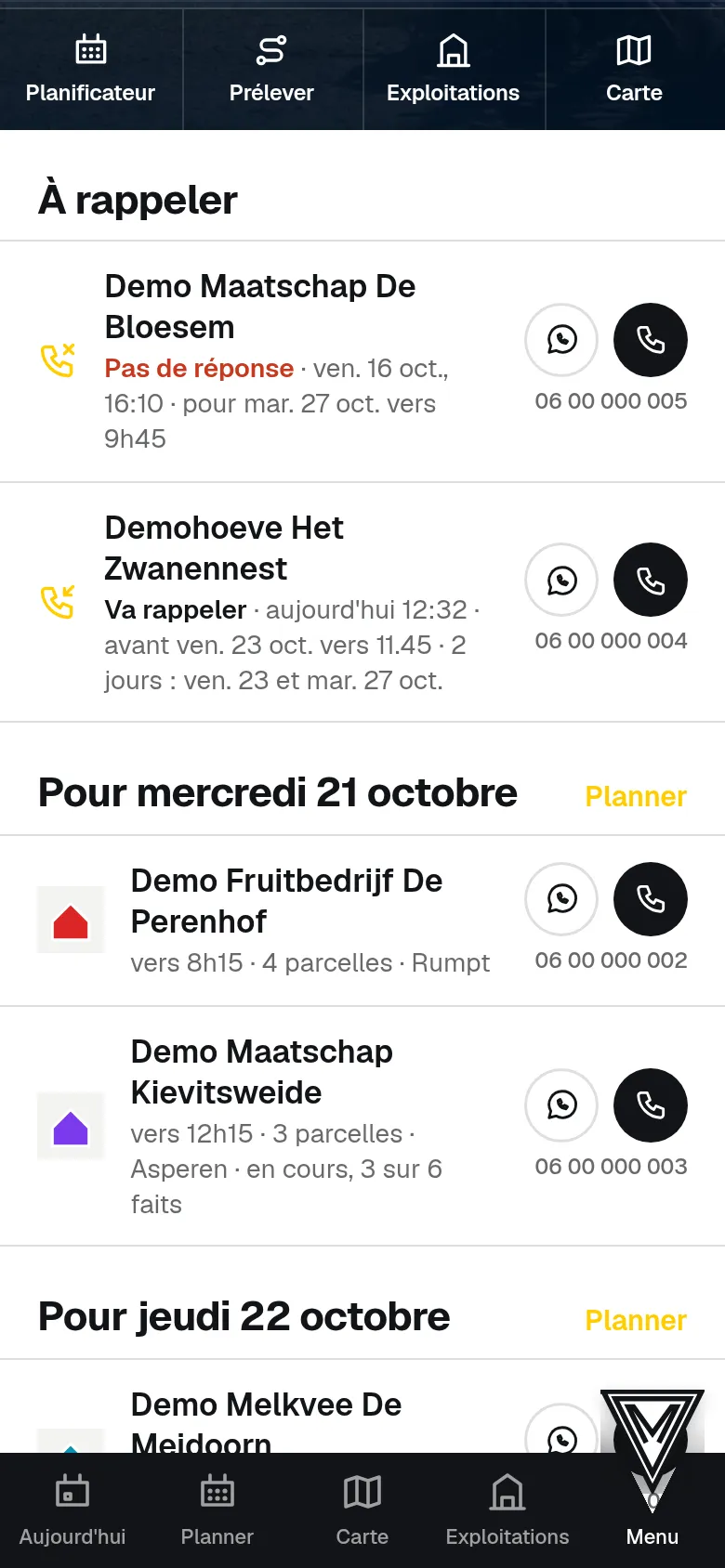 La liste d'appels dans l'ordre du planning.