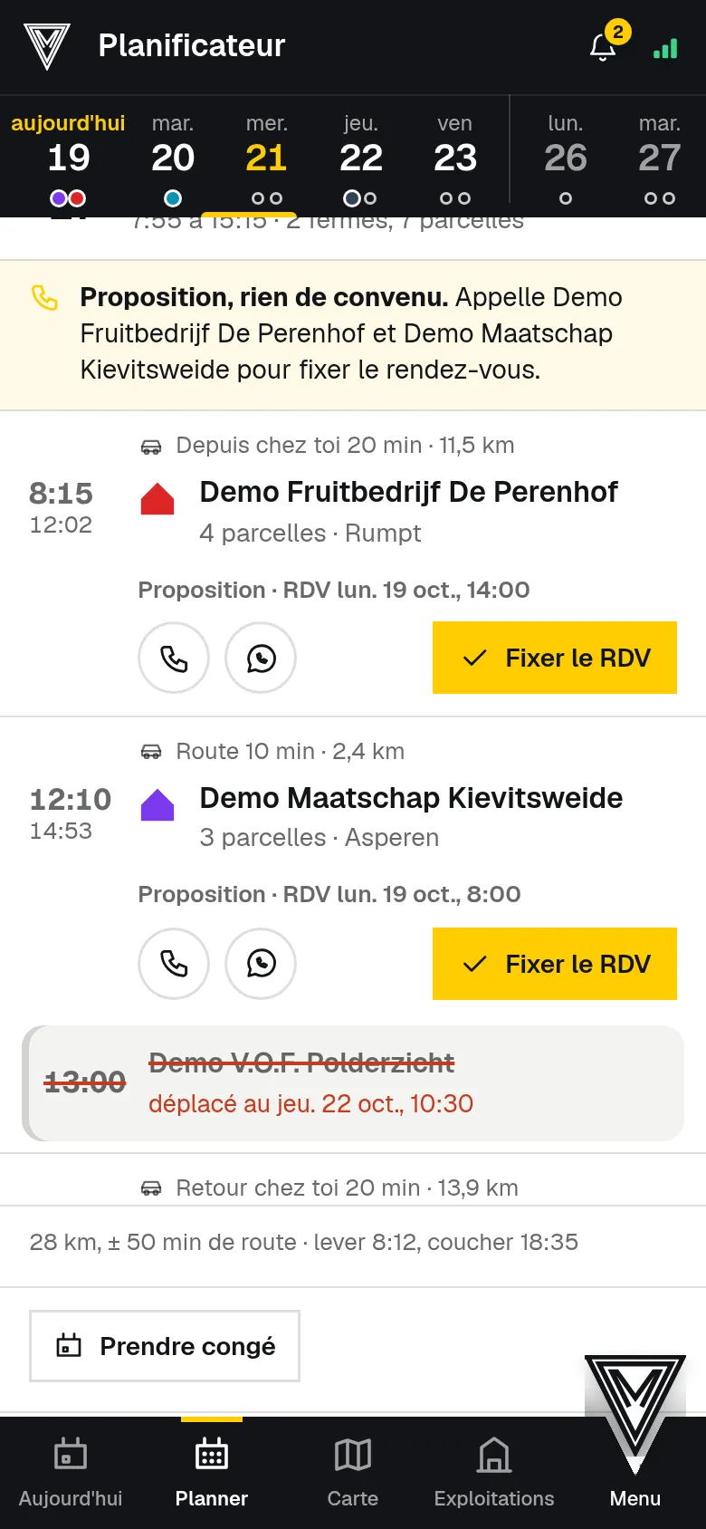 Une journée de travail dans le planning, avec les temps de trajet et la météo.