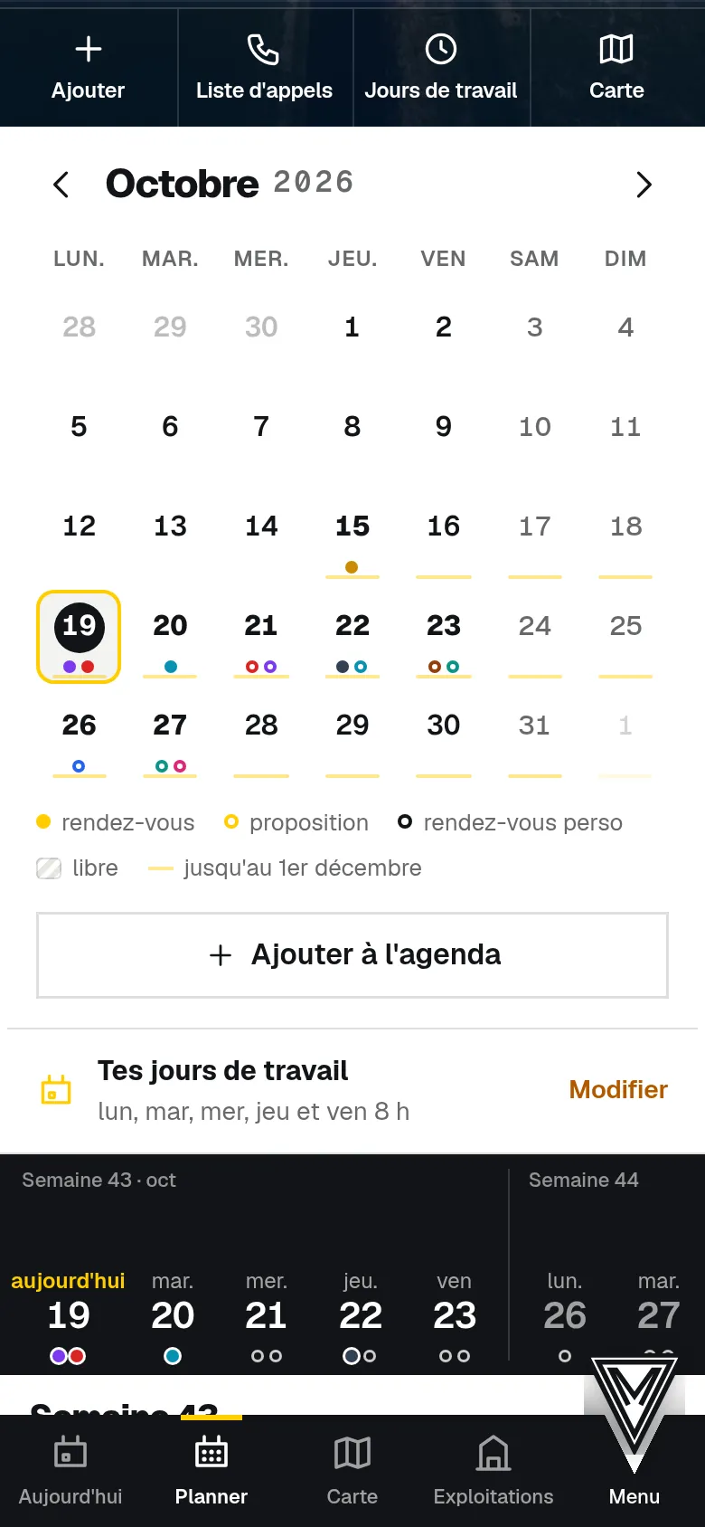 Le planning : un point est un rendez-vous, un cercle une proposition.