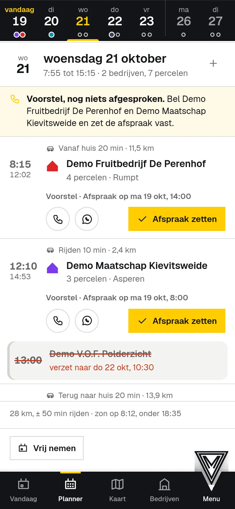 Een werkdag uit de planner, met rijtijden en weer.