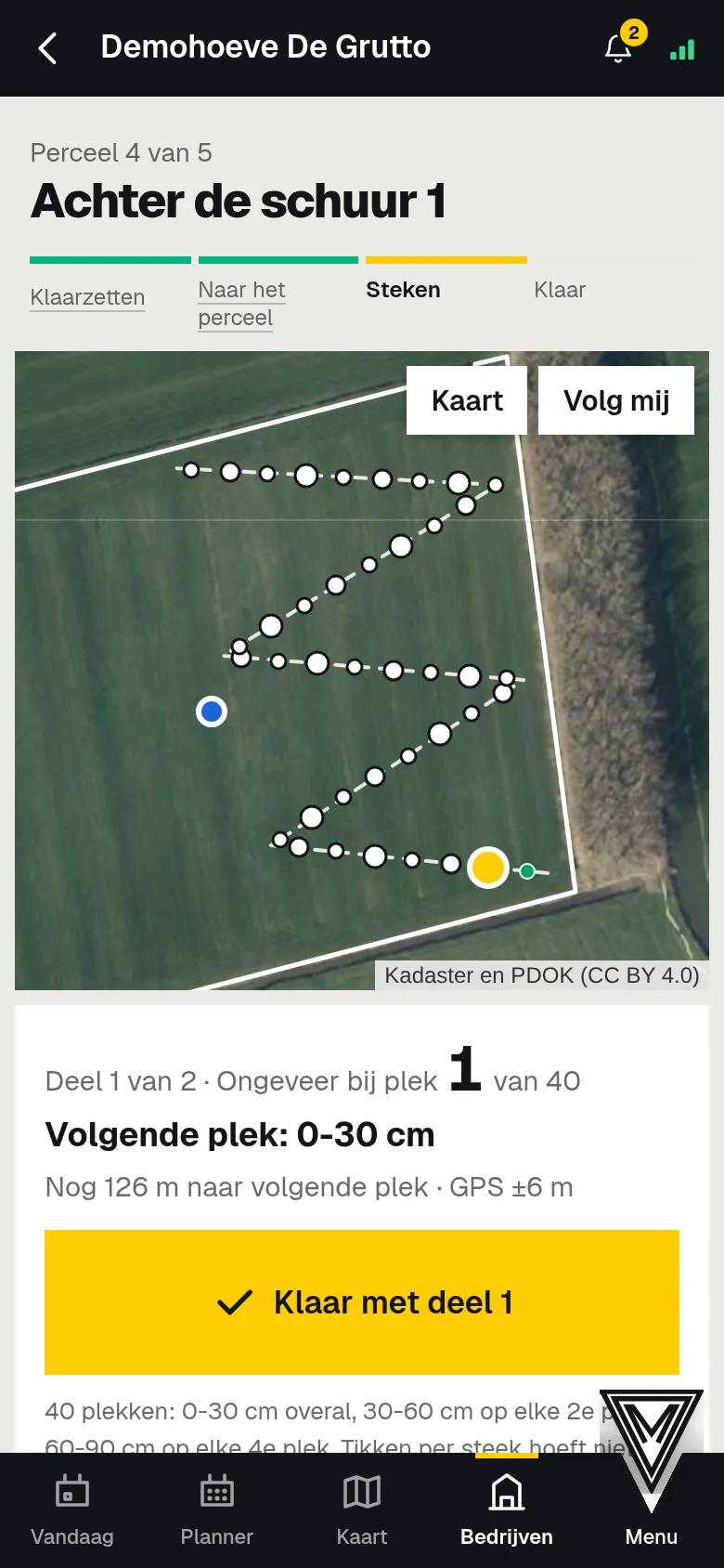 Steken: de GPS volgt de route.